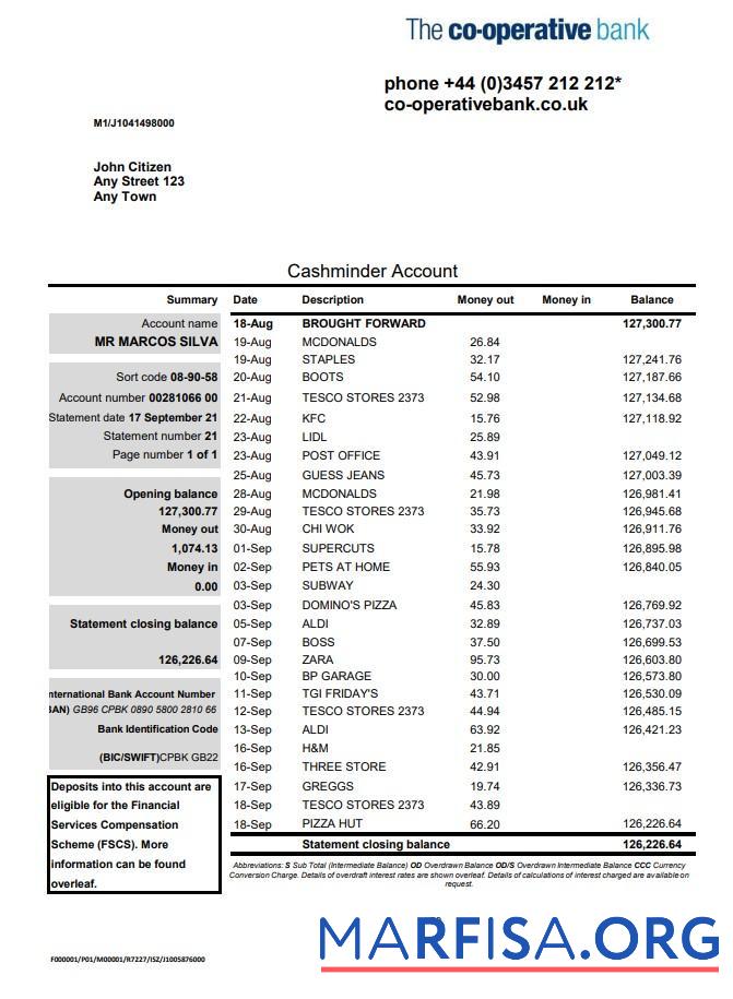 Downloadable United Kingdom The Co operative bank statement excel sample